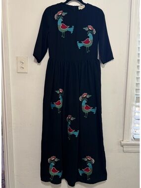 Pepaloves Embroidered Bird Midi Dress XS Black 3/4 Sleeve Fit Flare Boho
